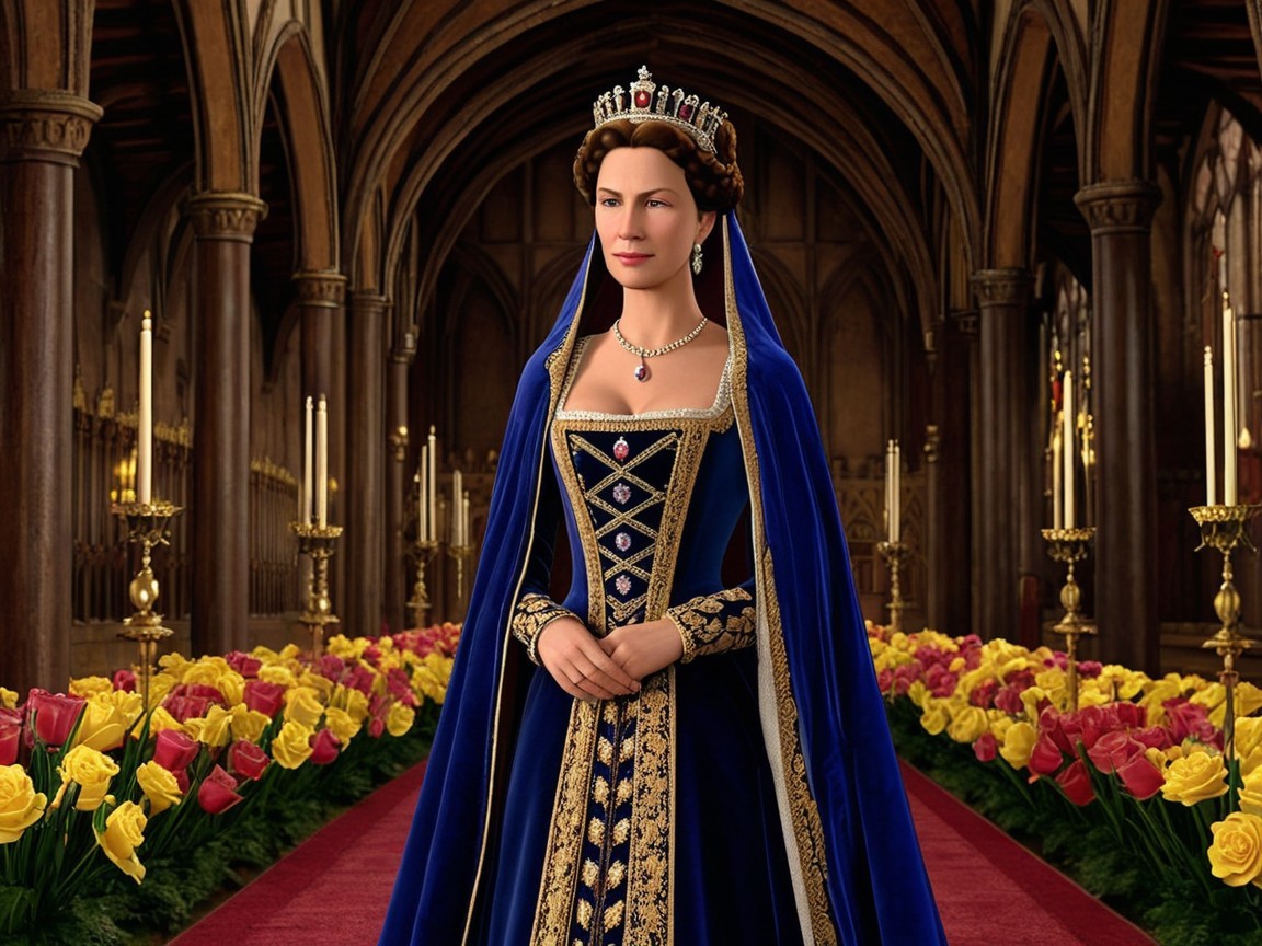 Regal Figure in Ornate Hall with Colorful Flowers
