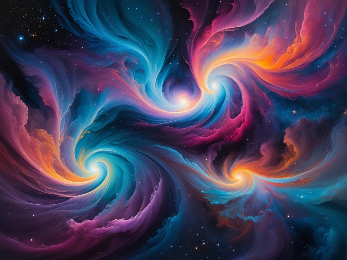 Cosmic Scene with Swirling Colors and Starry Backdrop