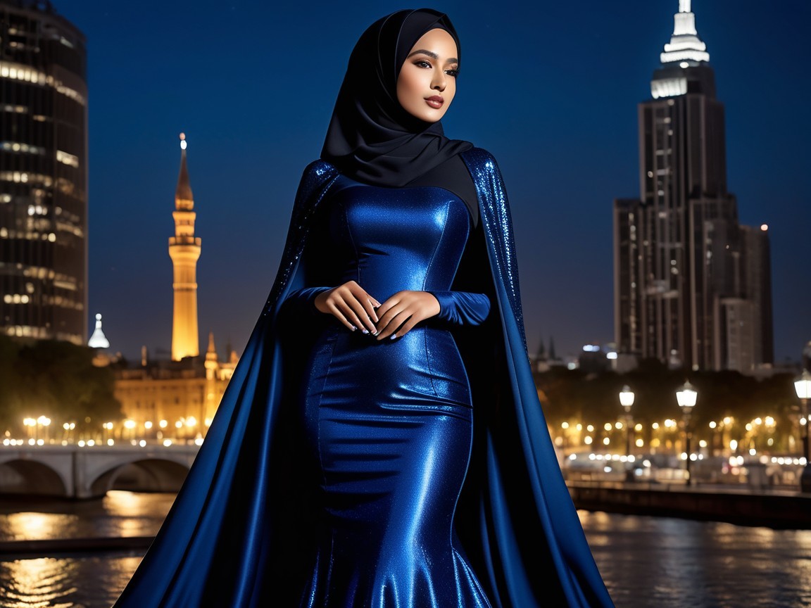 Elegant Woman in Blue Gown by City Water at Night