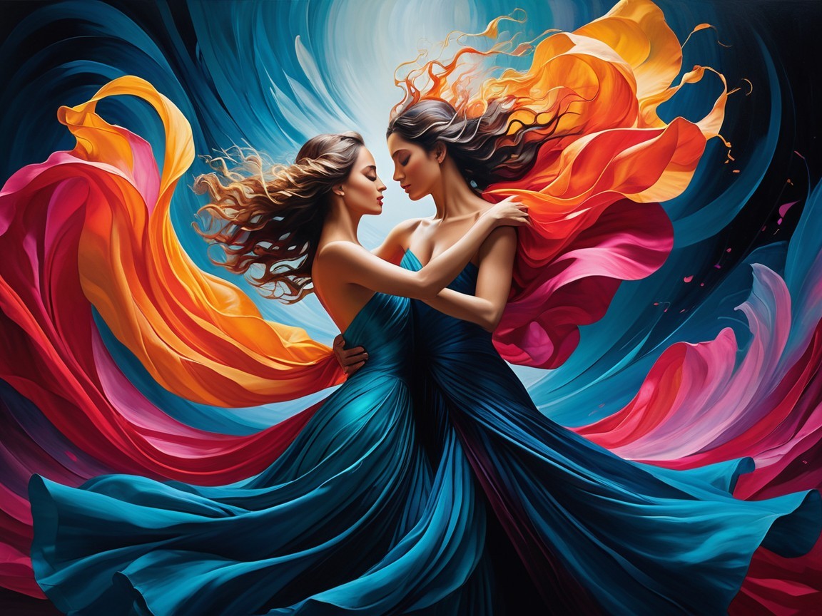 Colorful Embrace of Two Elegant Figures in Flowing Dresses