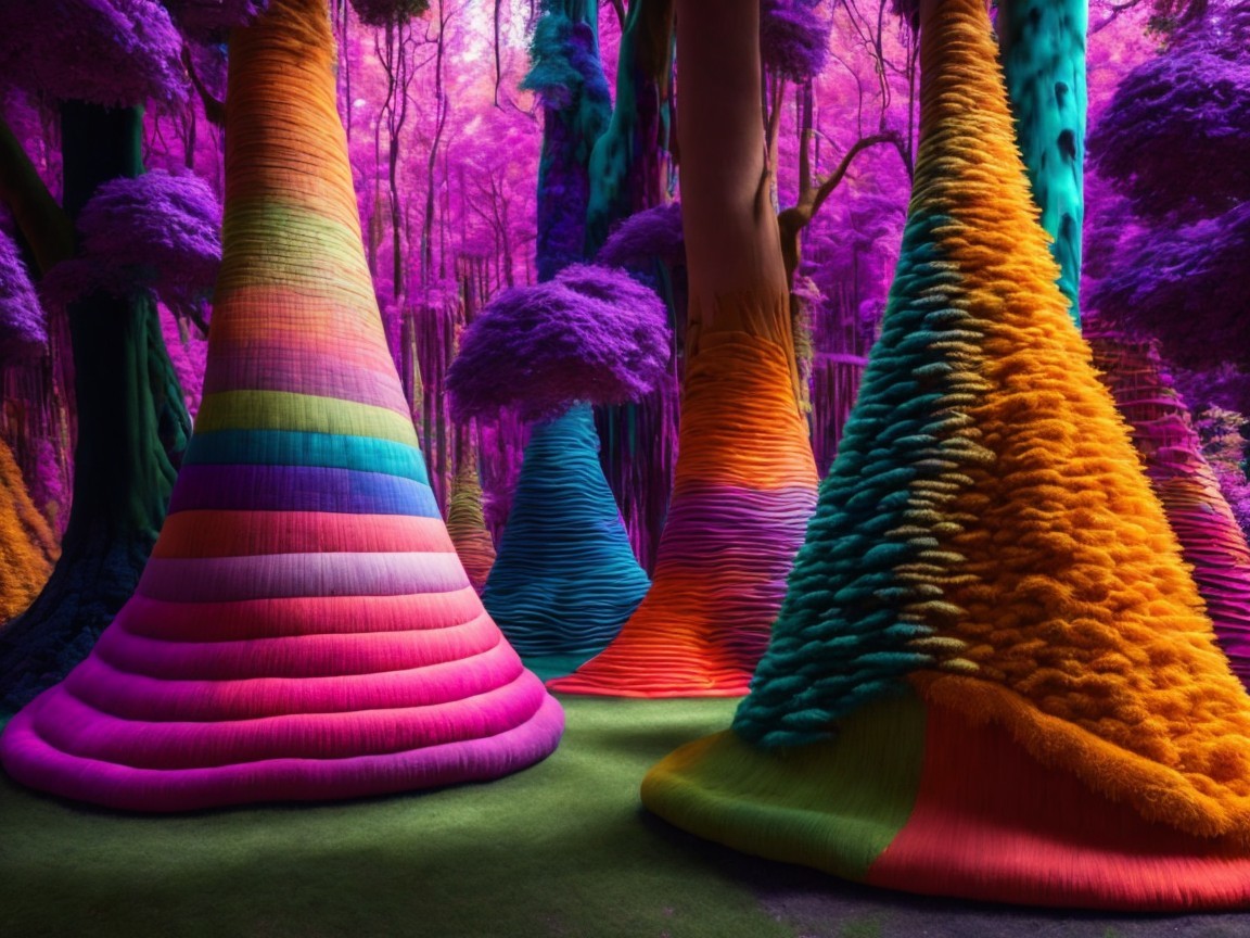 Vibrant Fantastical Forest with Oversized Cone Trees