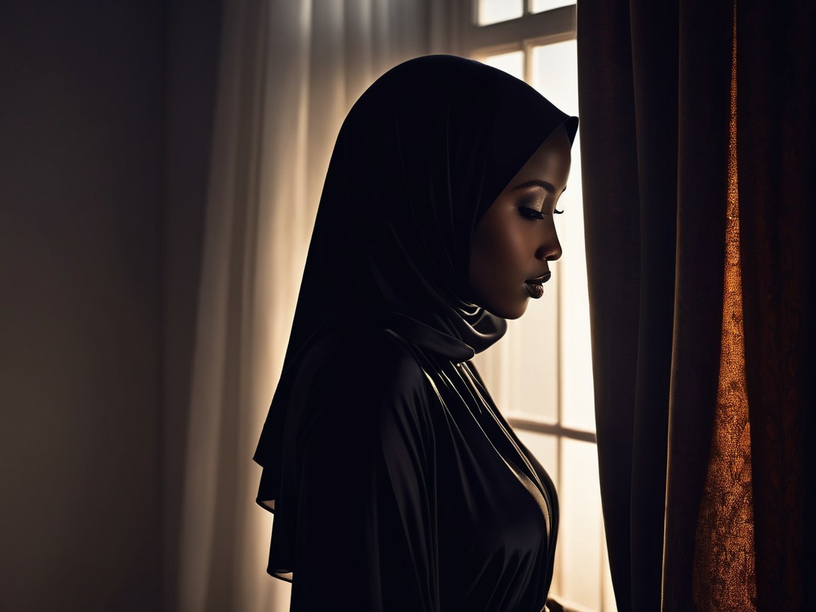 Profile of a woman in a dark hijab by a window