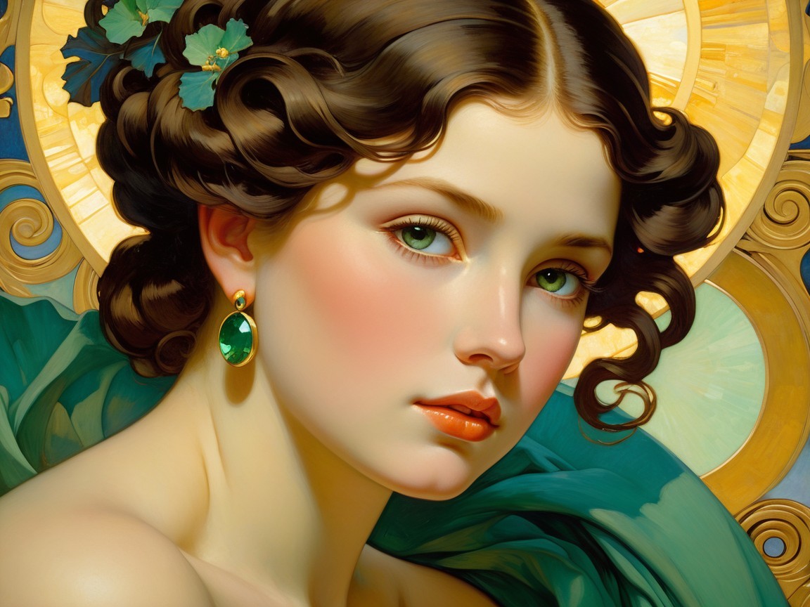 Intricate Portrait of a Young Woman with Green Leaves