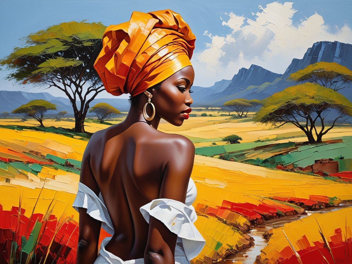 Woman in white dress against vibrant landscape scene