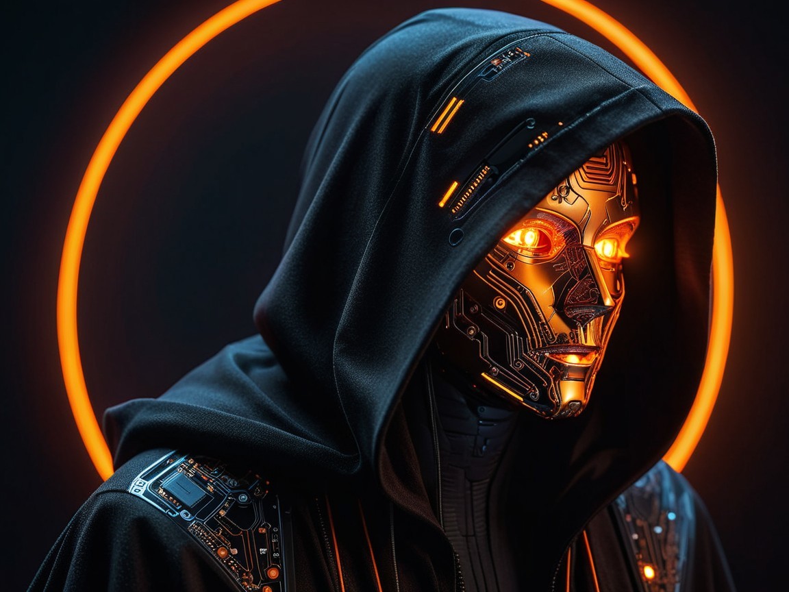 Futuristic Robot in Cloak with Glowing Eyes and Halo