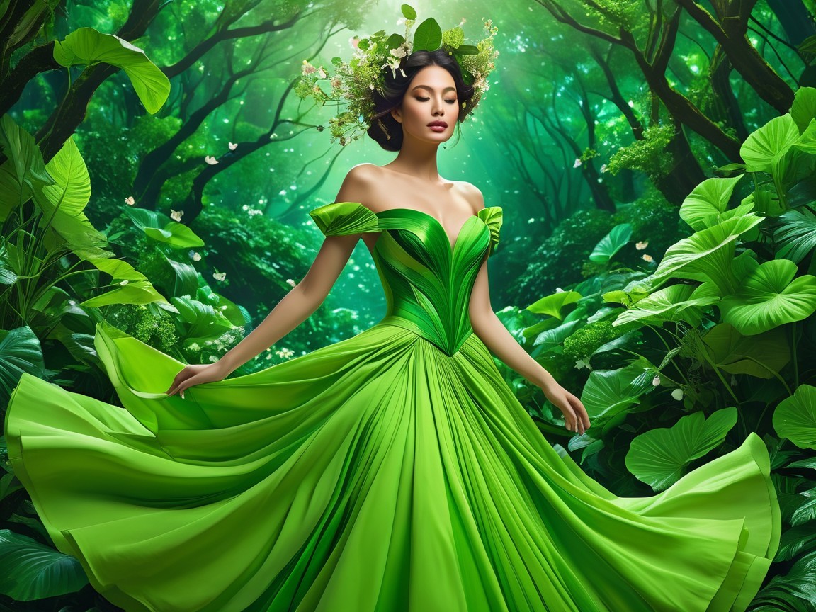 Woman in Green Gown in Enchanted Forest Setting