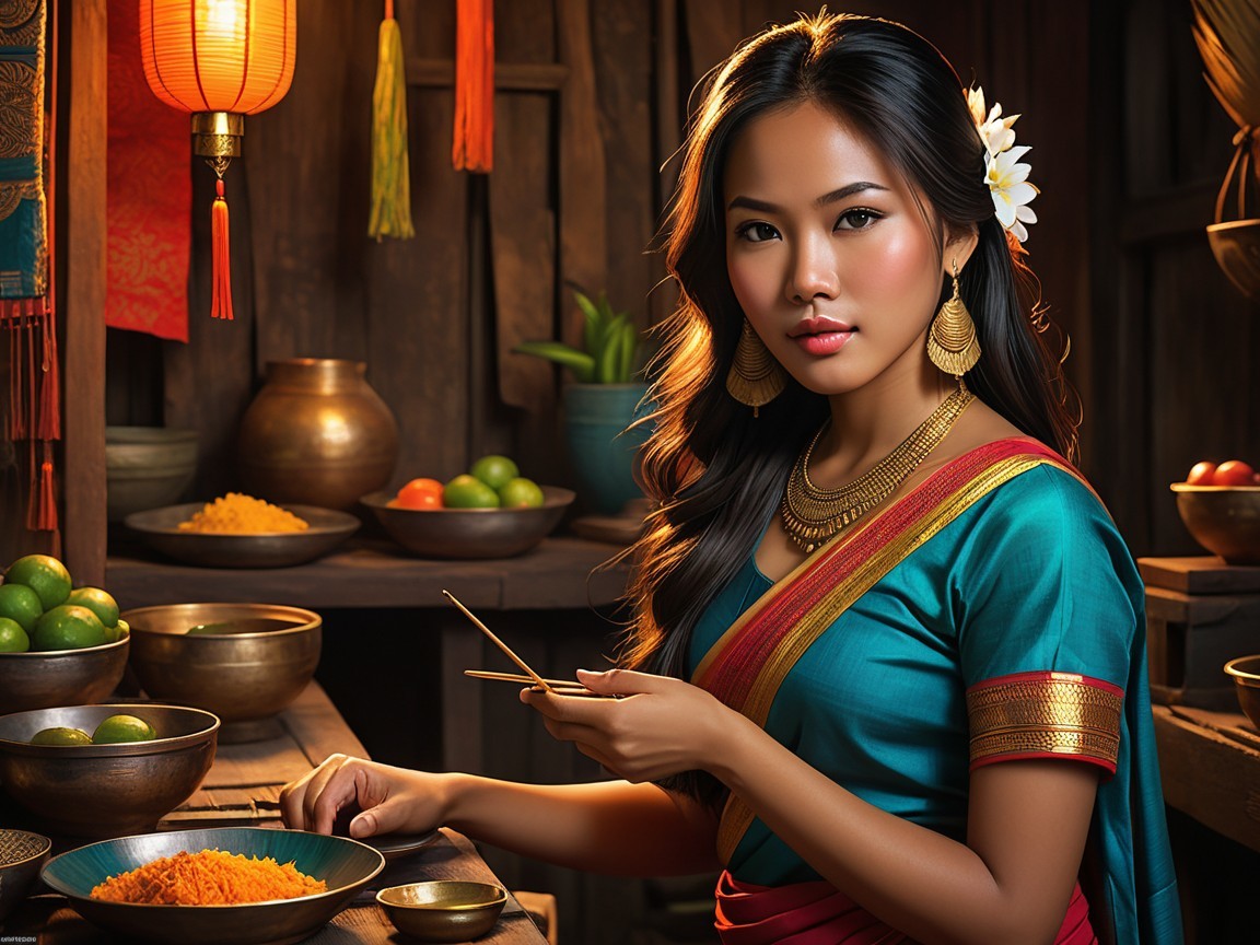 Woman in Turquoise Saree in Rustic Kitchen Setting