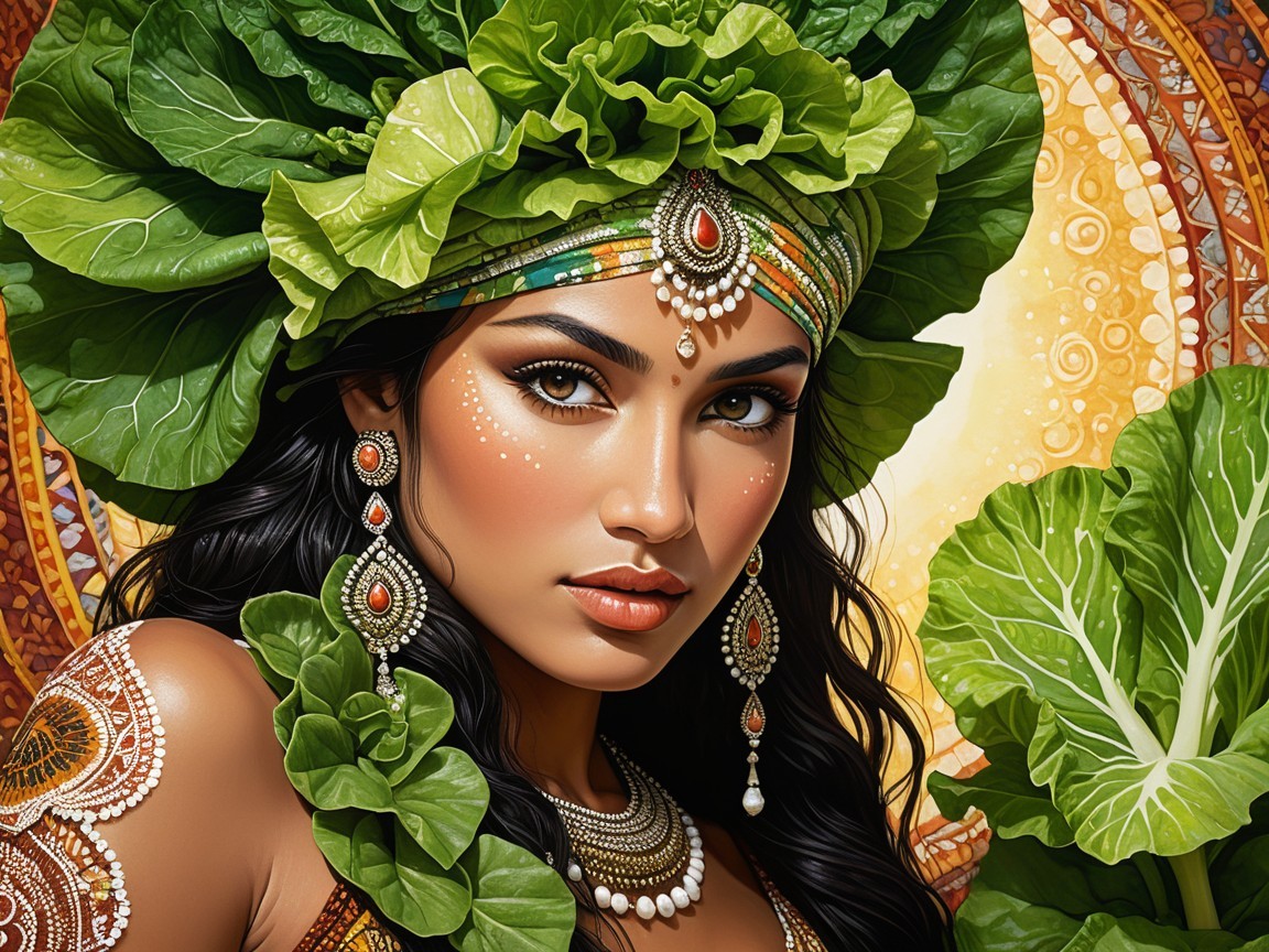 Woman in Leaf Headdress with Vibrant Jewelry and Makeup