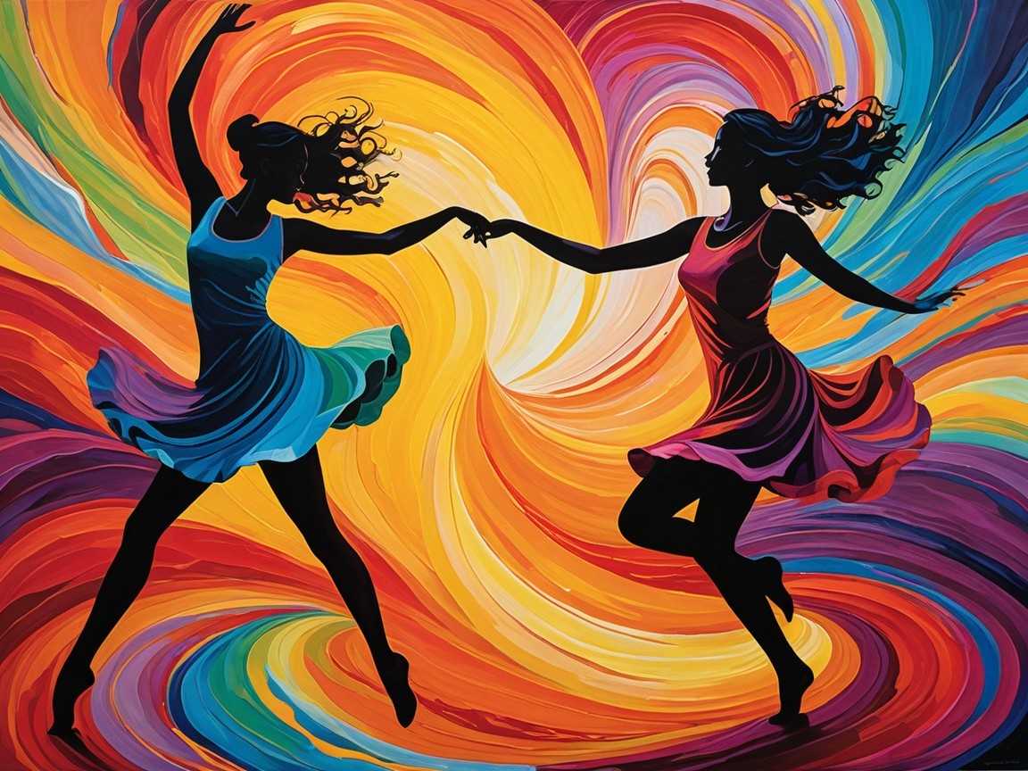 Abstract Art of Silhouetted Female Dancers in Colorful Swirls
