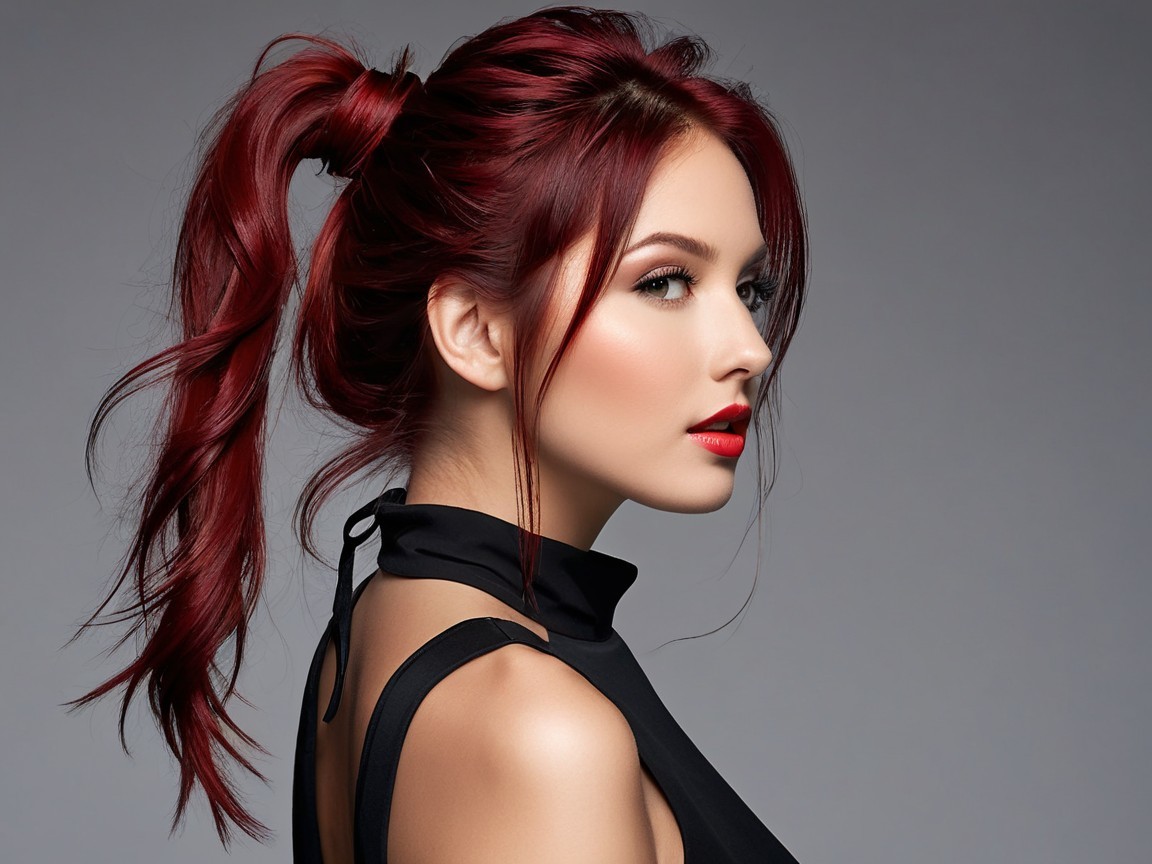 Young Woman with Red Hair in Sleek Black Top