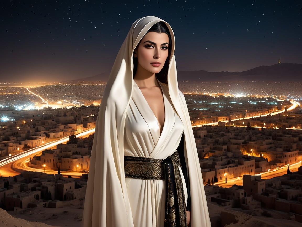 Woman in White Robe Against Starry Night Cityscape