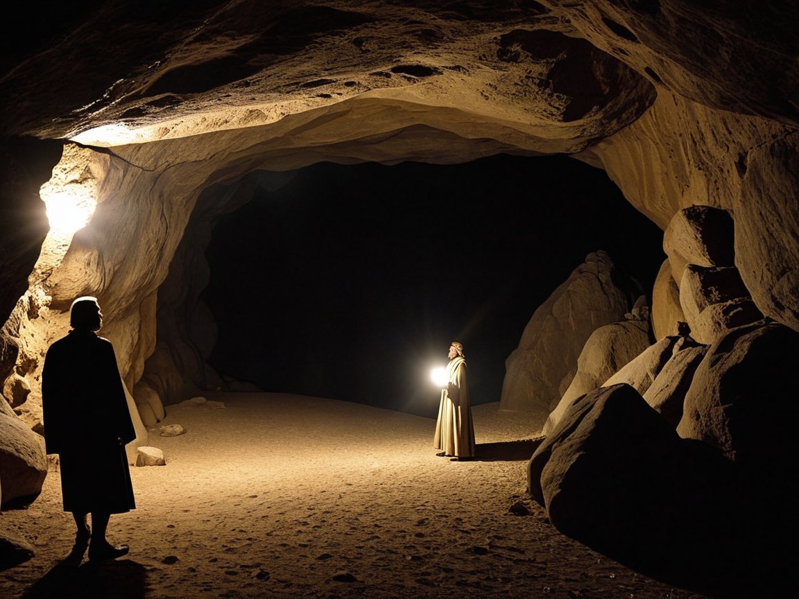 Figures in a Dim Cave with Flickering Light Source