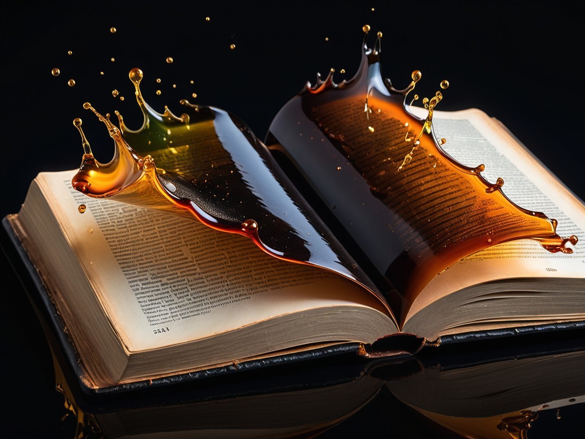 Open Book with Curled Pages and Liquid Droplets