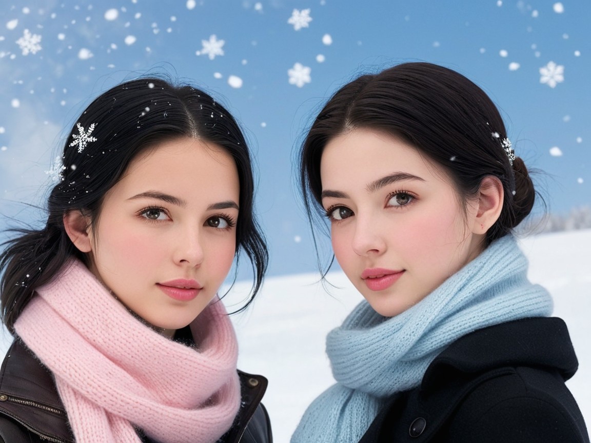 Young women in winter landscape with falling snowflakes
