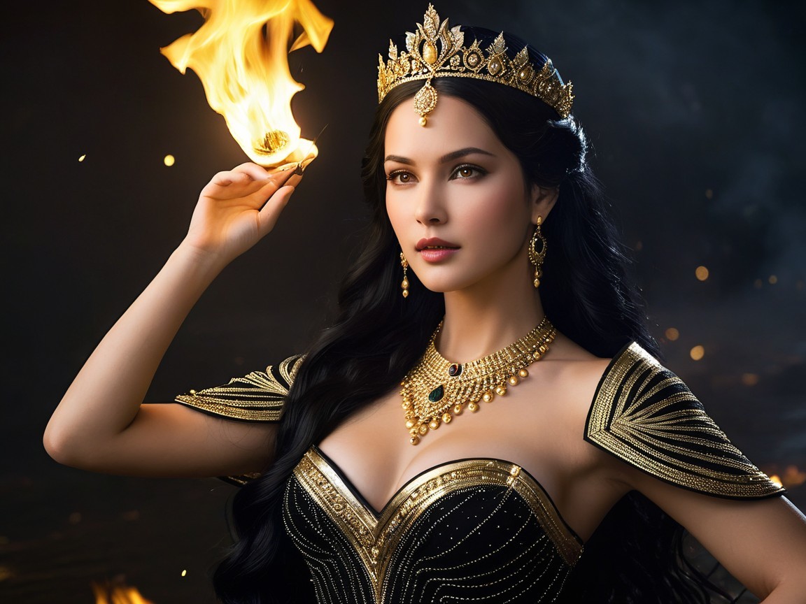 Elegant Figure in Black Gown with Golden Accents