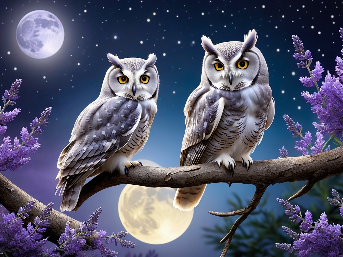 Owls on a Branch with Purple Flowers and Moonlight