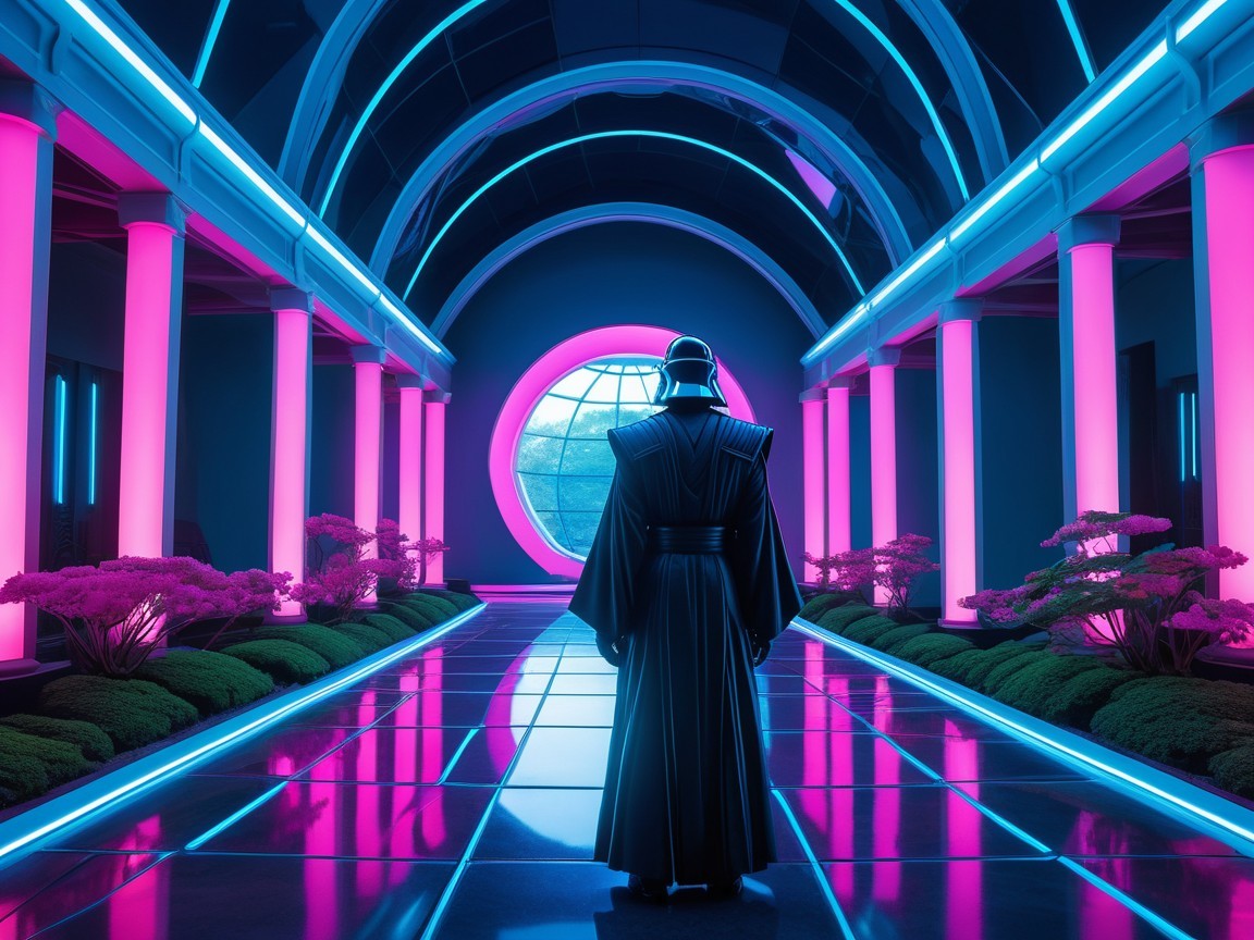 Cloaked Figure in Futuristic Neon-Lit Corridor