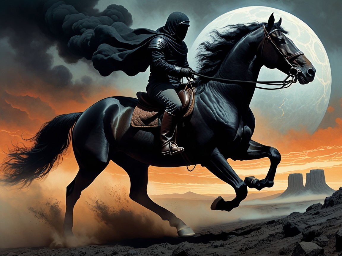 Cloaked Figure on Black Horse in Dramatic Landscape