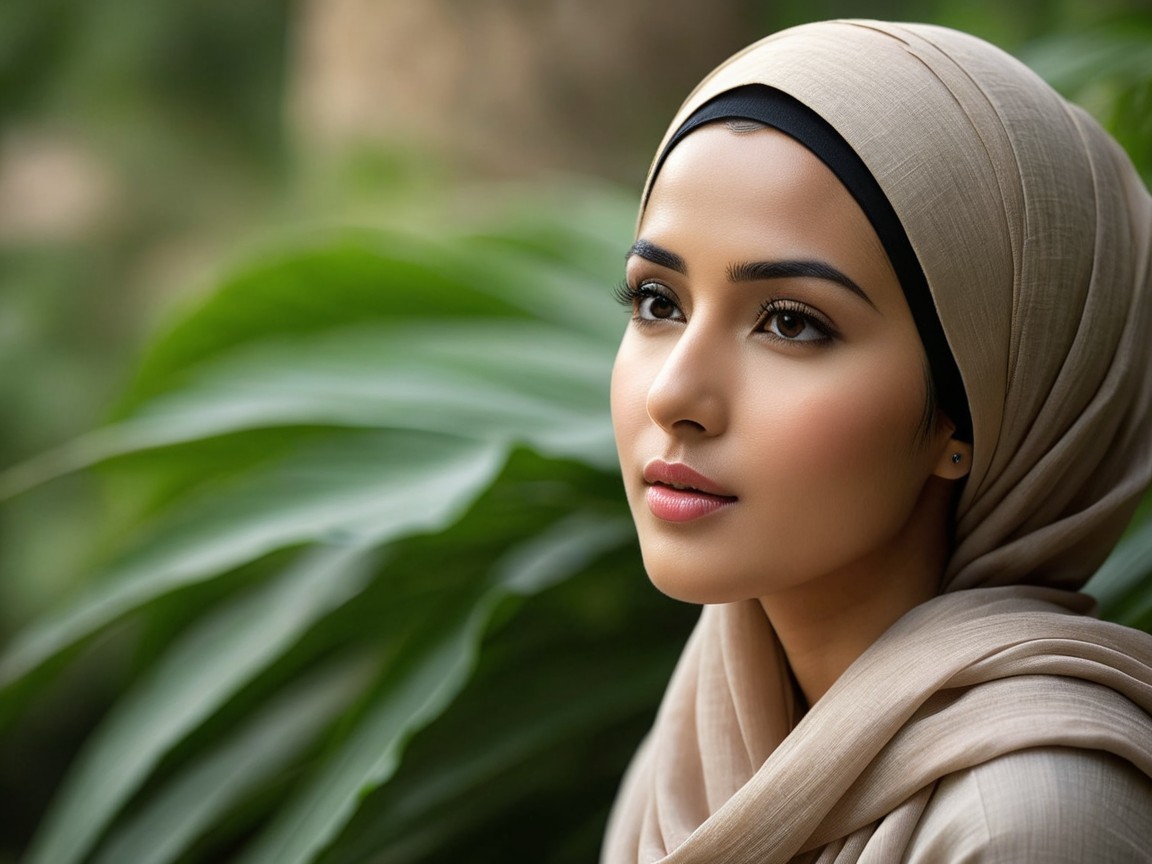 Young Woman in Beige Hijab Surrounded by Greenery