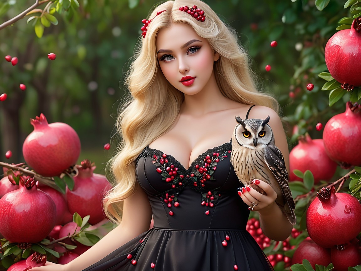 Woman in Black Dress Surrounded by Greenery and Owls
