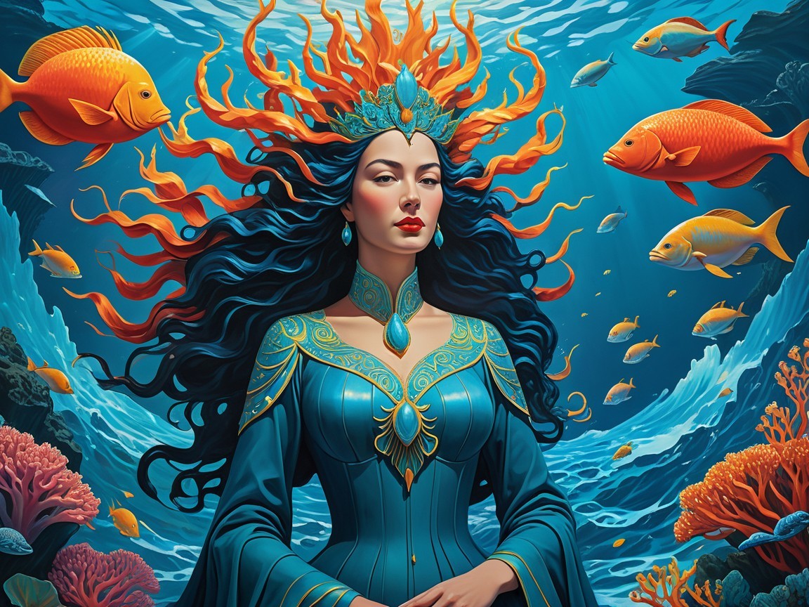 Goddess-like woman with blue and orange hair and fish