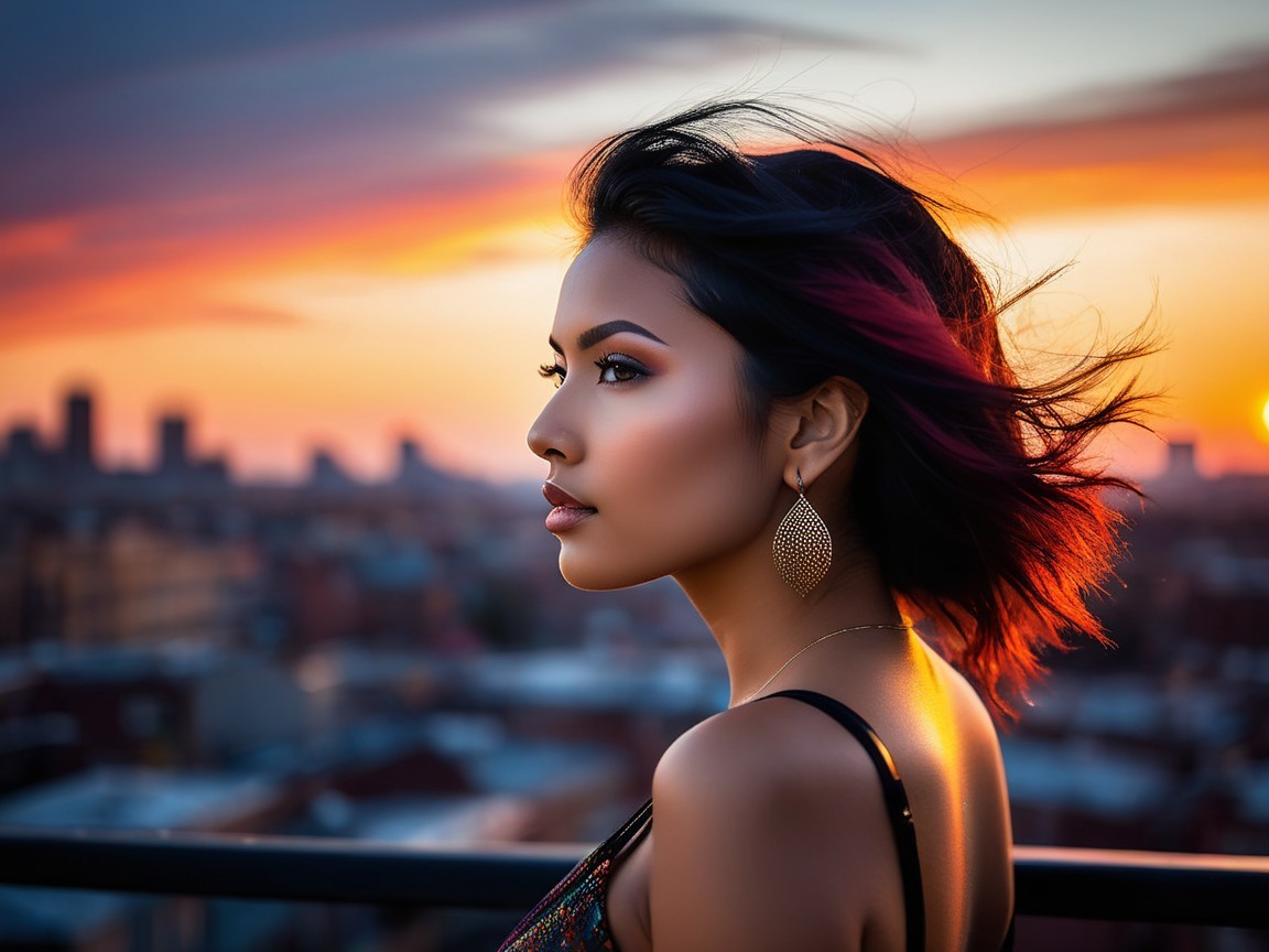 Woman with Flowing Hair at Sunset with Urban Skyline