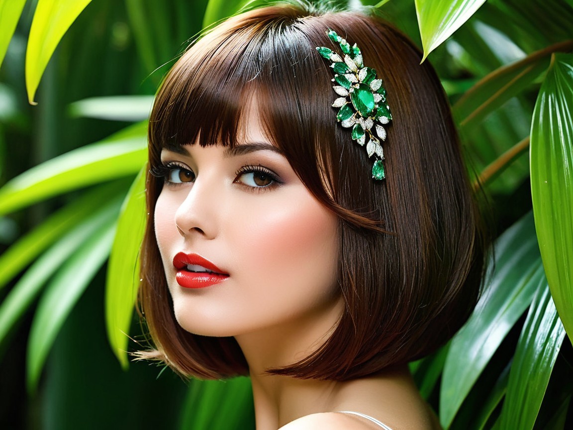 Young woman with bob hairstyle and elegant hairpiece