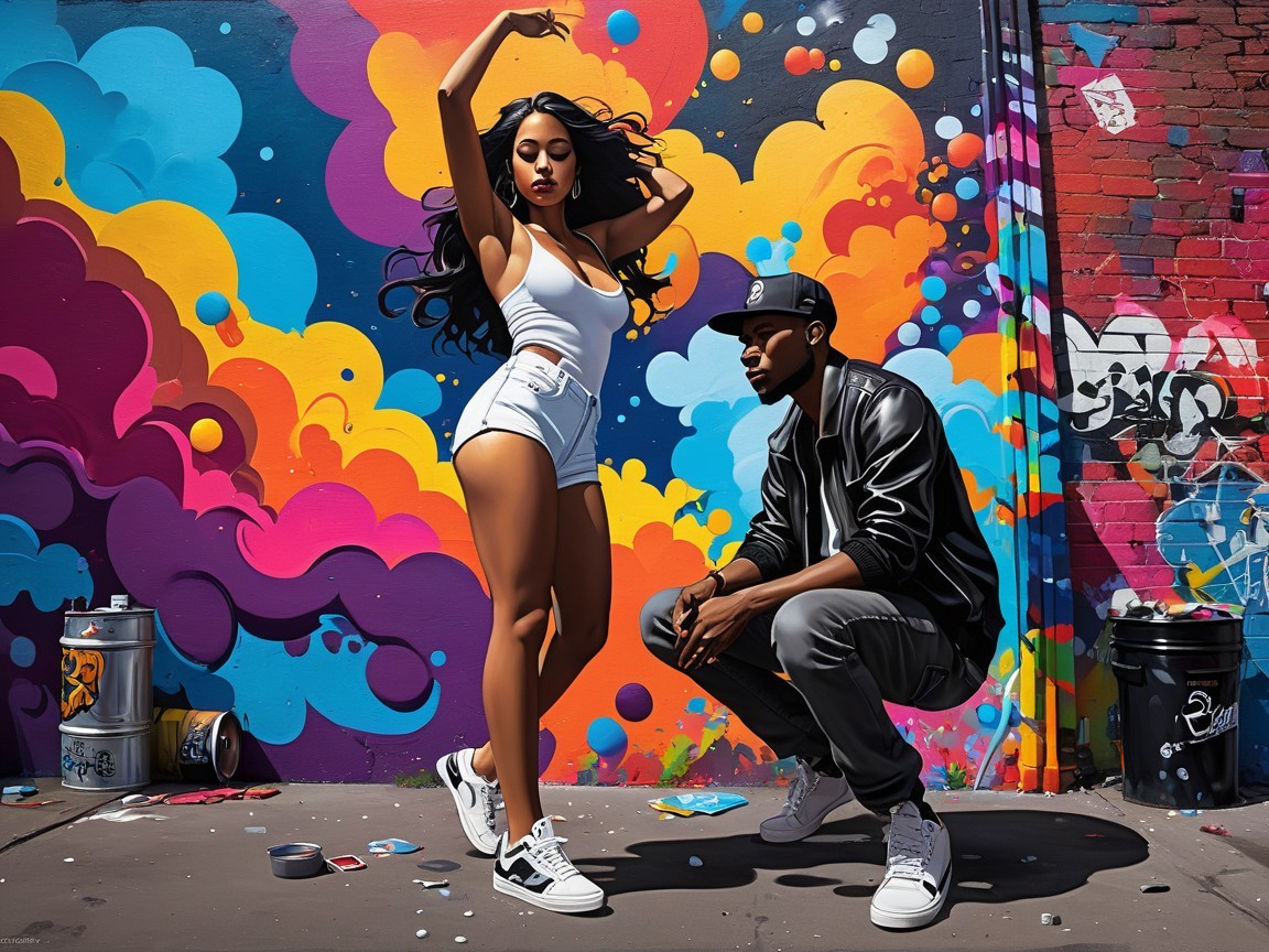 Vibrant Urban Scene with Colorful Graffiti Mural