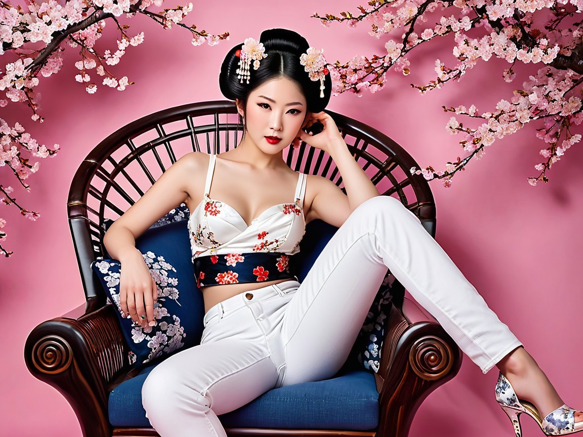 Young woman in stylish outfit amid cherry blossoms