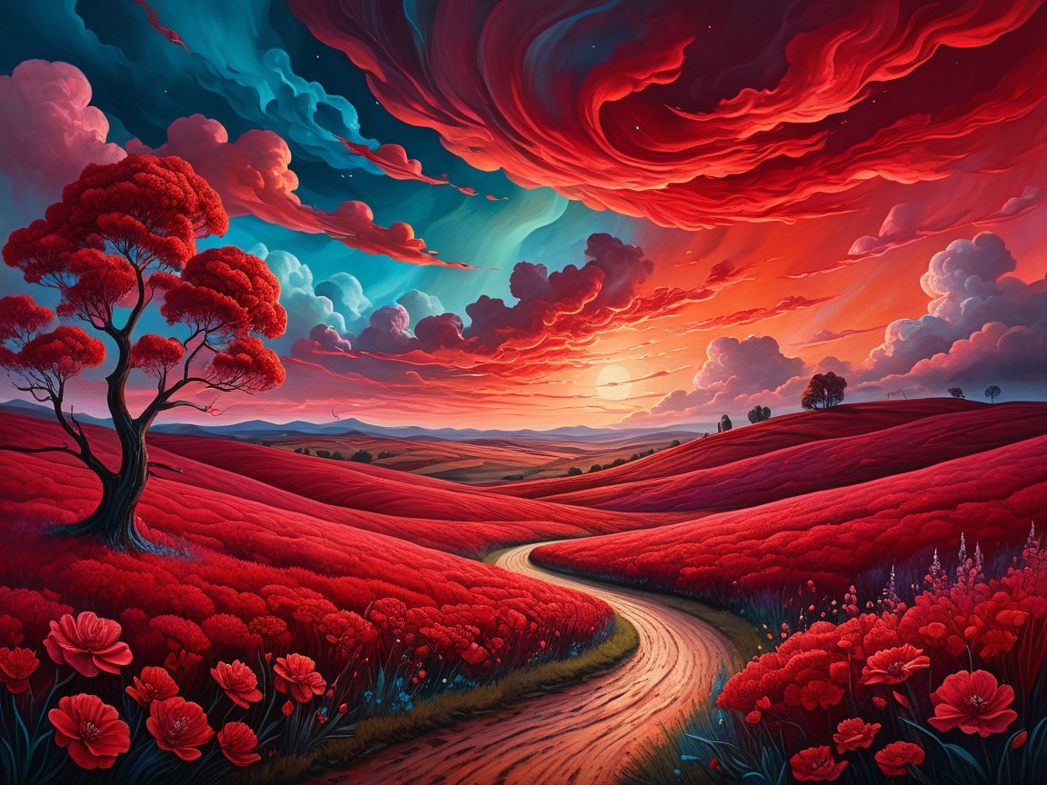 Vibrant Painting of a Sunset Over Flower Fields