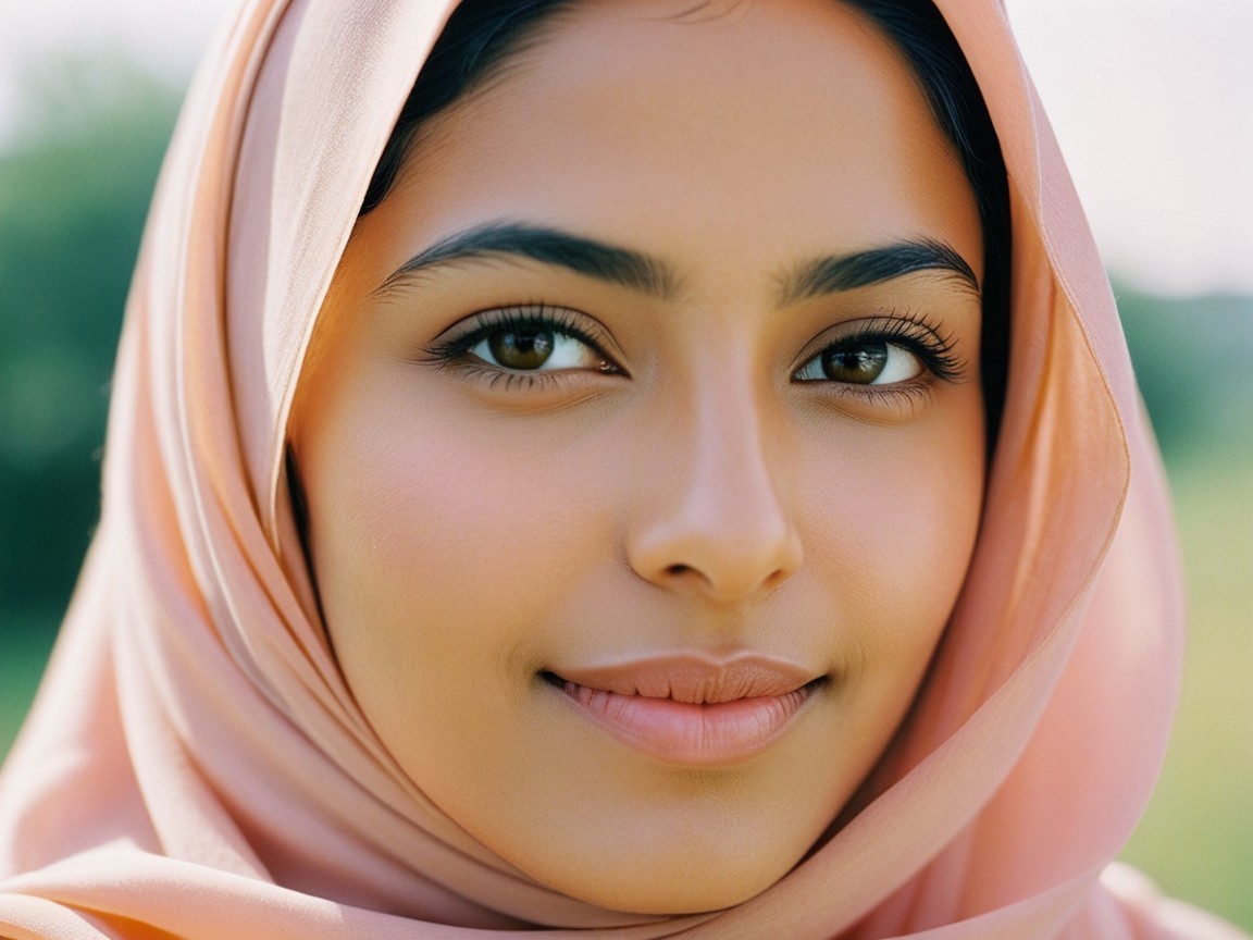 Young Woman in Pink Hijab with Serene Landscape Background