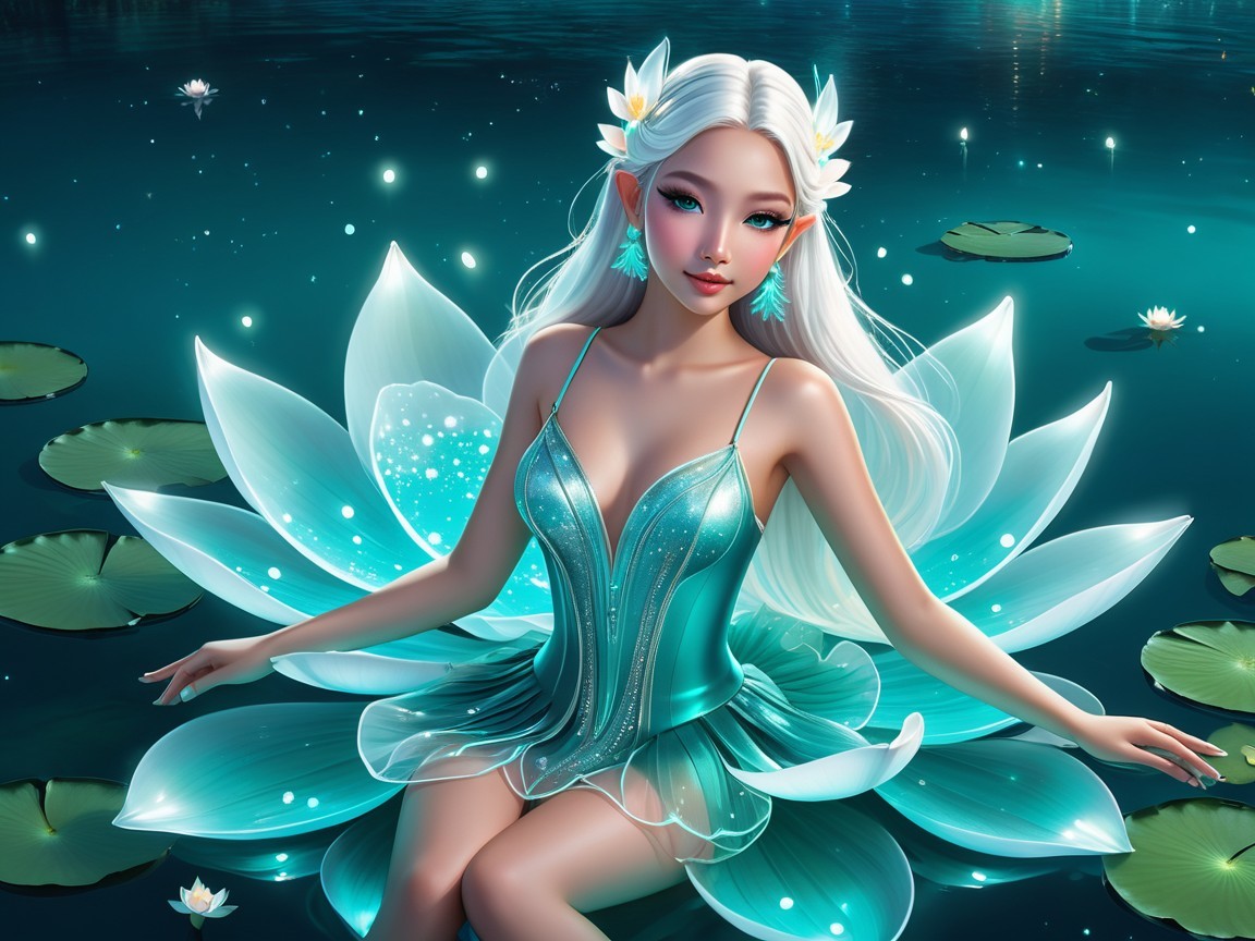 Fairy on Lotus Flower in Glowing Water Scene