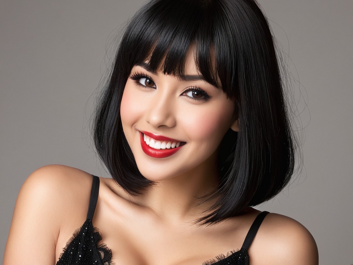 Woman with Black Bob Hairstyle and Bold Red Lipstick