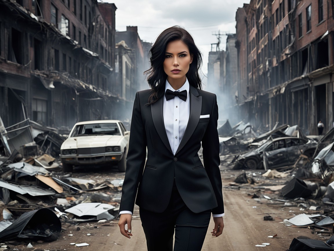 Confident Woman in Black Tuxedo Amid Urban Ruins