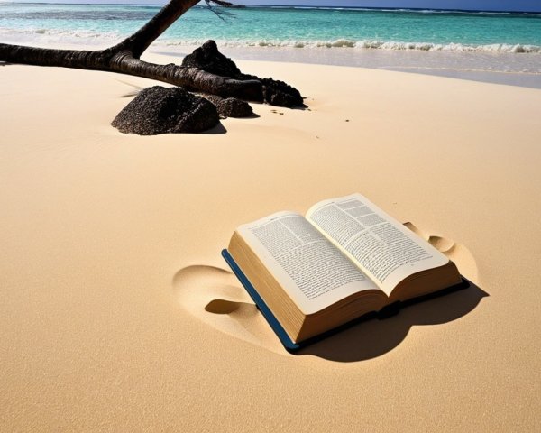 Open Book on Sand by Calm Turquoise Sea