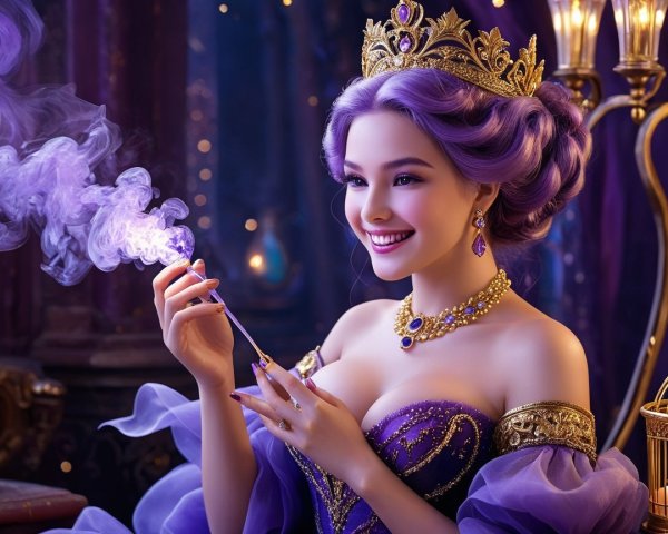 Regal woman in purple gown with golden crown and smoke