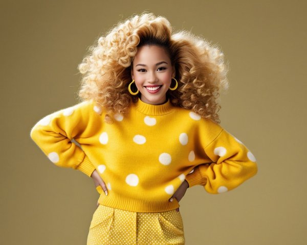 Young woman in polka dot outfit with curly hair