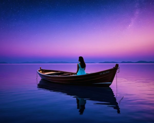 Woman in Blue Dress on Calm Waters at Dusk