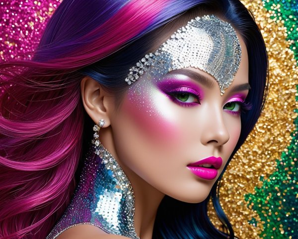 Model with Vibrant Multicolored Hair and Bold Makeup