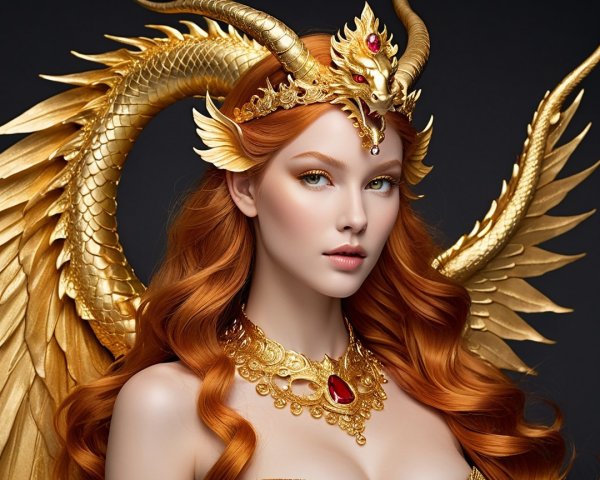 Regal figure with red hair and golden crown details
