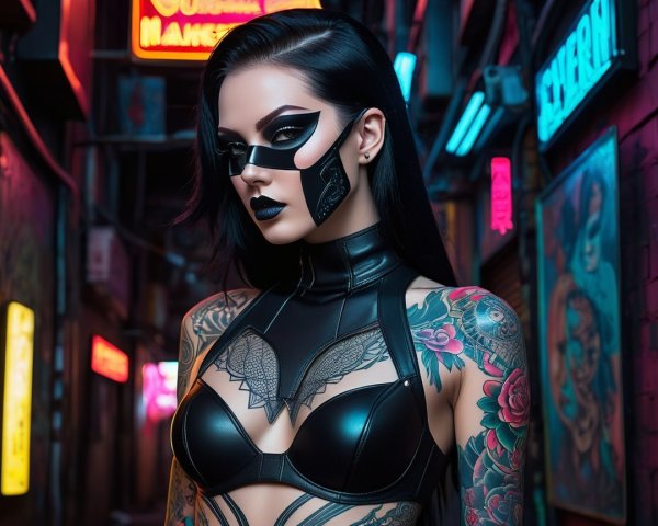Neon Alley Scene Featuring Confident Figure in Leather