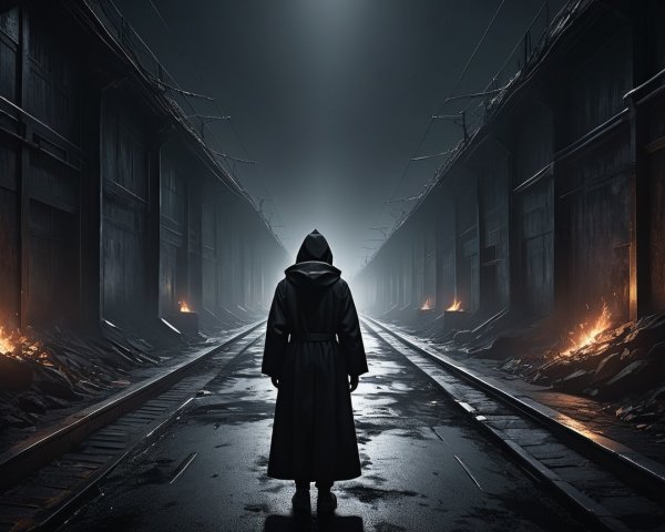 Cloaked Figure in Dark Abandoned Railway Tunnel