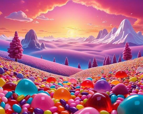 Colorful Candy Landscape Under a Pastel Sunset