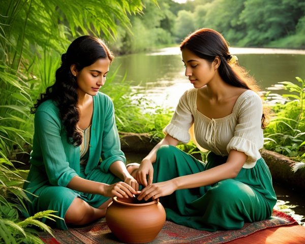 Women Engaged in Pottery by a Serene Riverbank