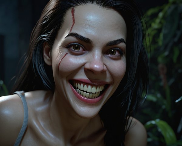 Close-up of a woman with a menacing grin in jungle