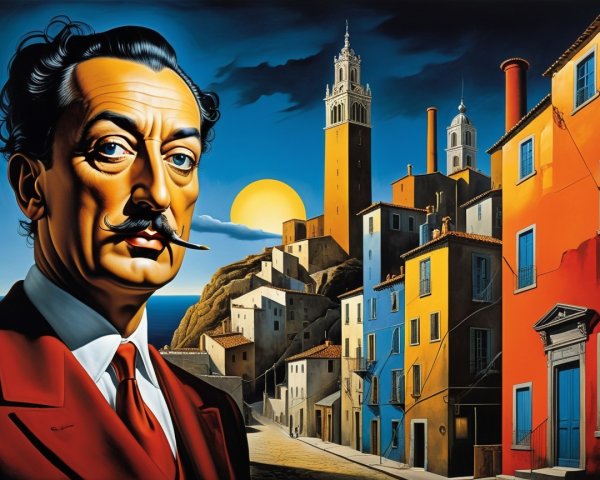 Surreal Landscape with Dramatic Sunset and Man in Red Suit
