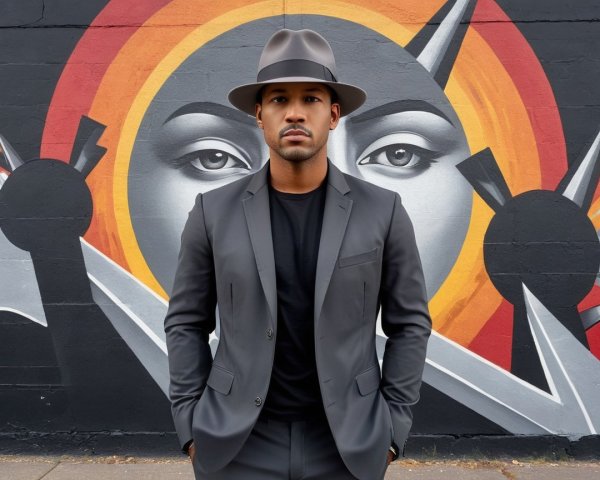 Stylish Individual in Front of Vibrant Mural