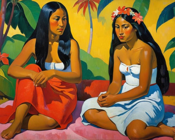 Young Women in Vibrant Tropical Setting Painting