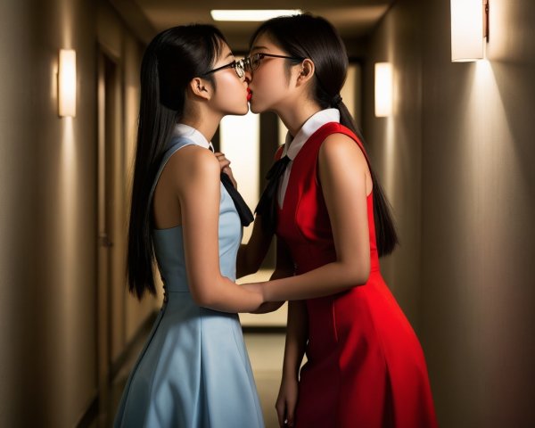 Intimate Moment Between Two Women in Dim Hallway