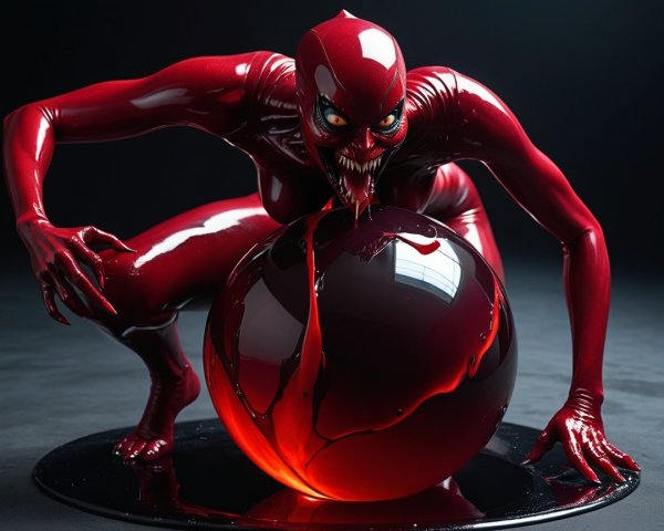 Glossy Red Creature with Dark Orb and Menacing Features